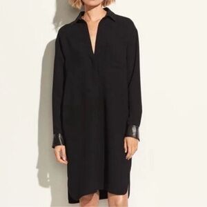 Vince Black Long-Sleeve Shirt Dress with Leather Cuff Detail